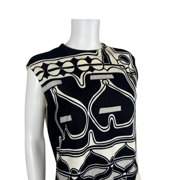 Vintage 70s Abstract Tunic Womens M Black & White Psychedelic Patterned Sleevele - Picture 4 of 10